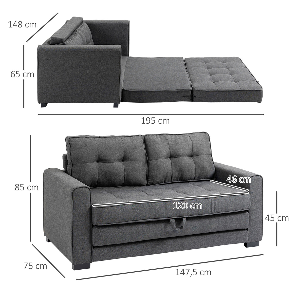 Canapé droit convertible 2 places - dossier capitonné - 147,5 x 75 x 85 cm - gris
