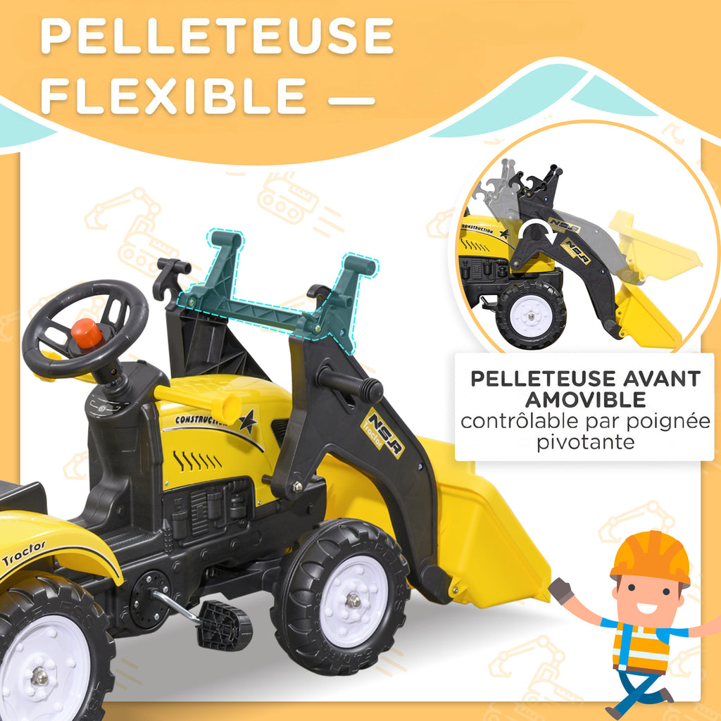 Tracteur à pédales tractopelle avec remorque Pelle et râteau Jeu de Plein air Enfants à partir de 3 Ans Jaune Noir