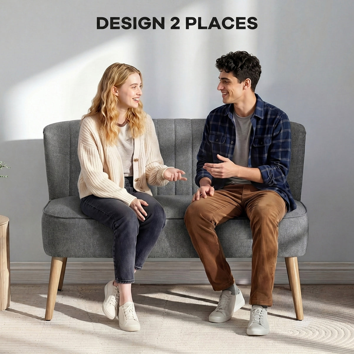 Canapé 2 Places, Canapé de Salon en Tissu Aspect Lin, Assise Rembourrée et Pieds en Bois d'Hévéa, 117x56,5x77cm, Gris-5