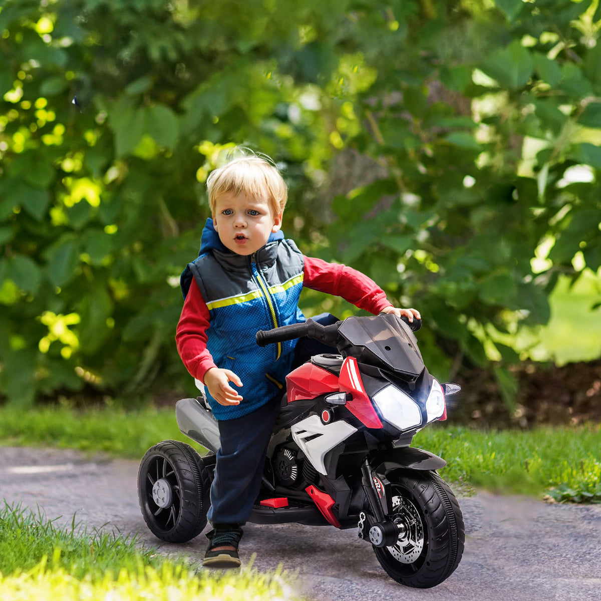 Moto électrique enfants 3 roues 6 V, voiture électrique enfants avec effets lumineux et sonores, vitesse 3 km/h, pour 3 à 5 ans, charge 25 kg, noir et rouge