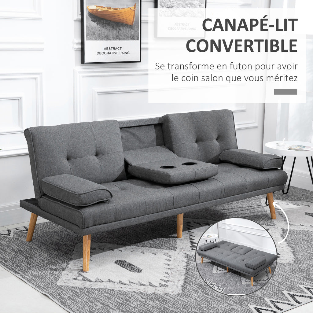 Canapé convertible 3 places, canapé-lit rembourré avec dossier réglable 3 niveaux, 2 coussins et 2 porte-gobelets intégrés, tissu de lin, pour salon, chambre d'amis, petit espace, gris foncé-3