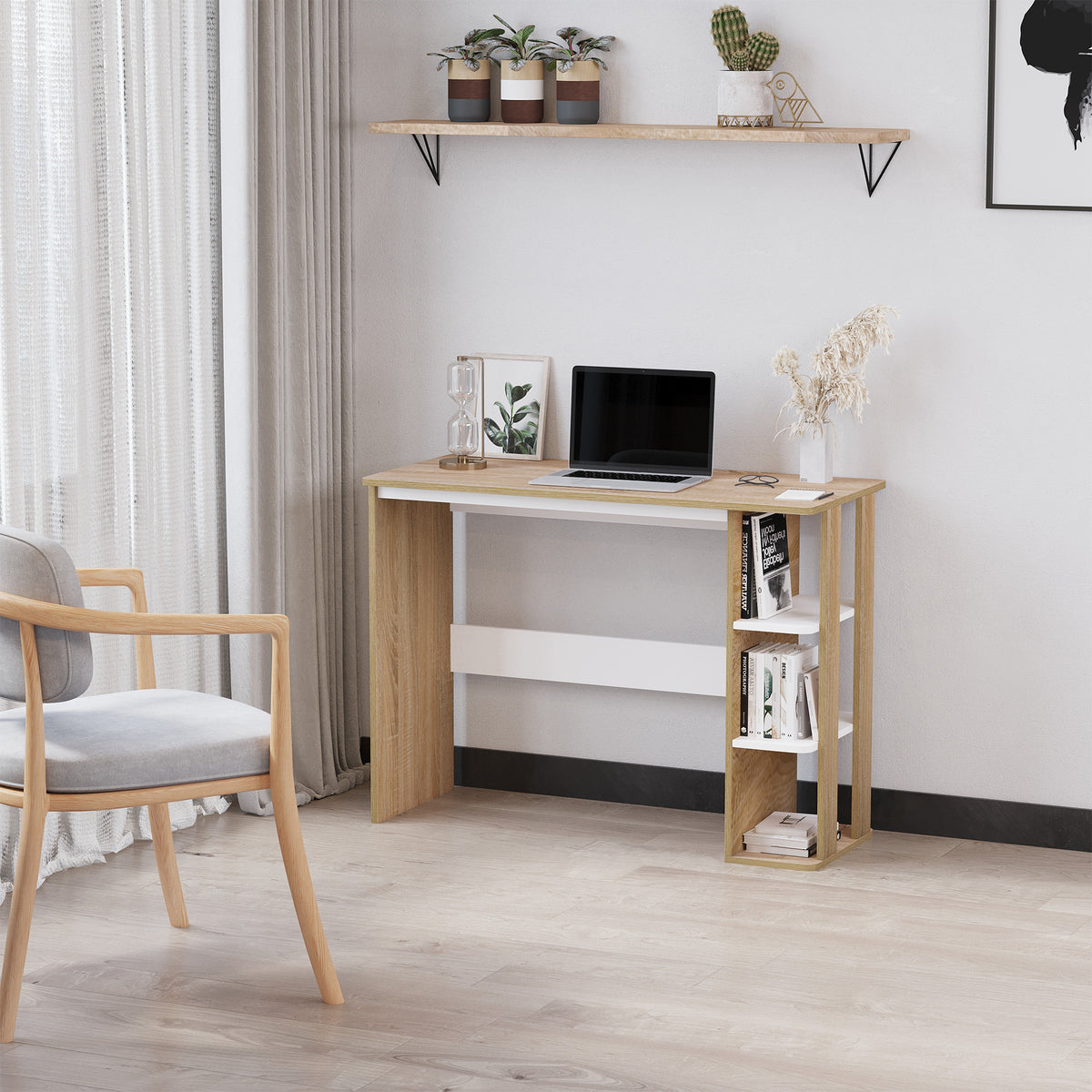 Bureau Informatique Table d'ordinateur 100L x 44l x 74H cm 3 étagères latérales en Bois Couleur chêne Clair Blanc-1