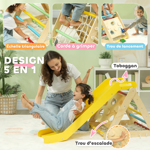 5 en 1 Triangle d'escalade avec toboggan enfants parcours motricité - filet d'escalade, sacs de sable inclus