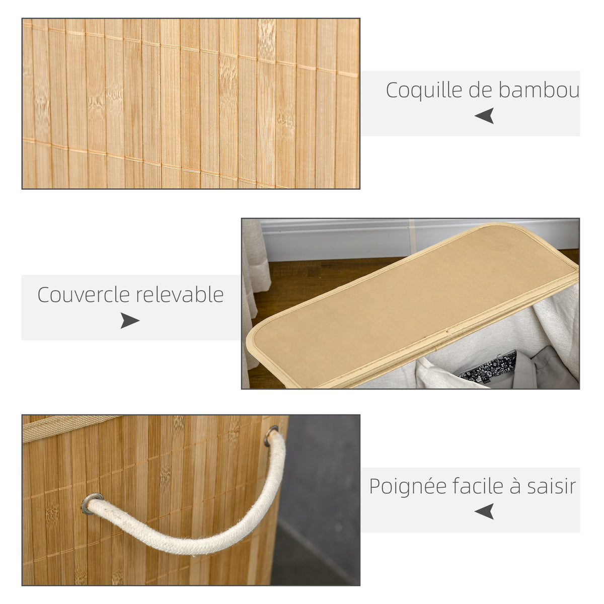 Panier à linge en bambou avec couvercle et poignées capacité 90 litres avec 2 sections et un sac amovible en tissu - 54,2 x 35,2 x 59,5 cm-6