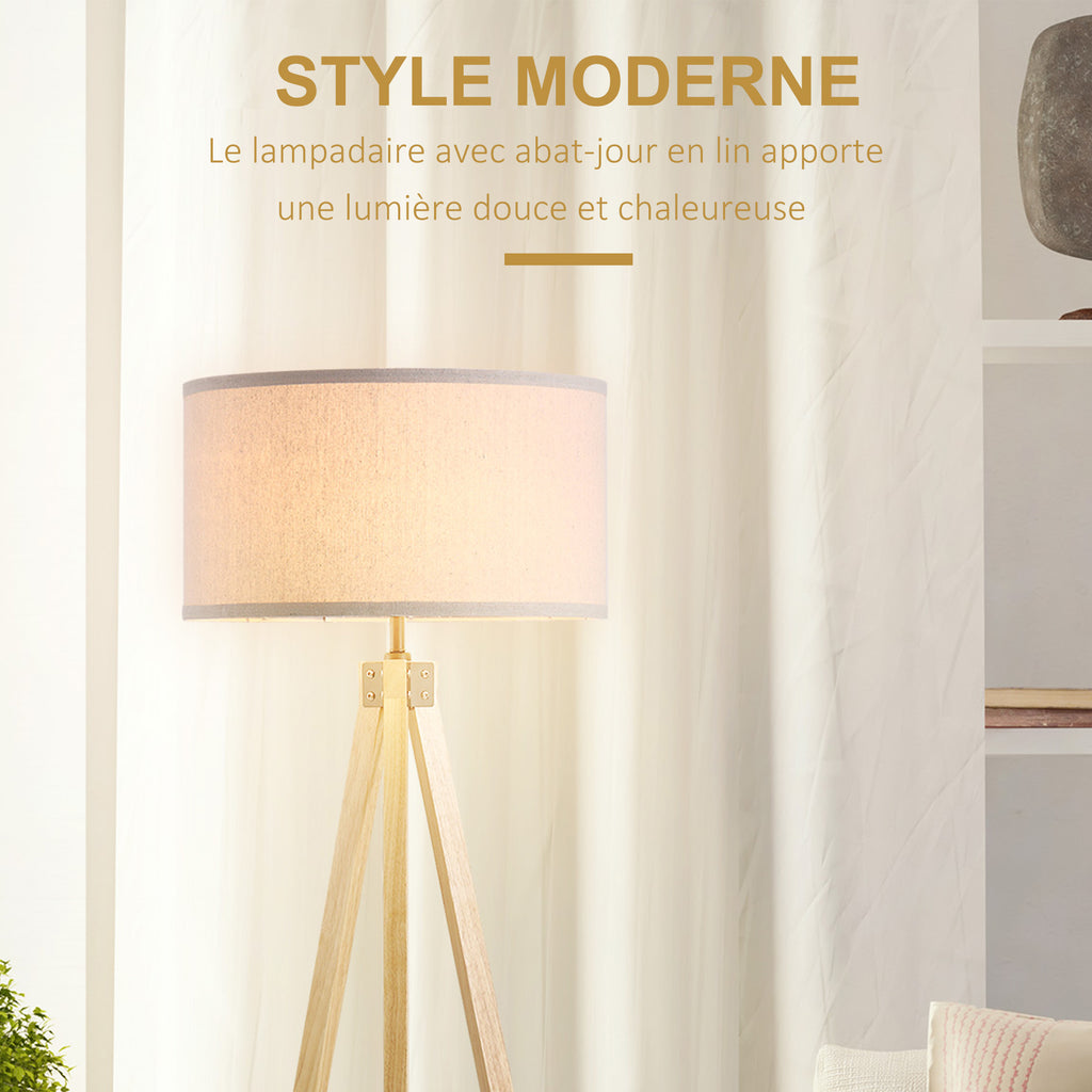 Lampadaire trépied style scandinave 40 W max. dim. 45L x 45l x 152H cm bois de pin lin beige-3
