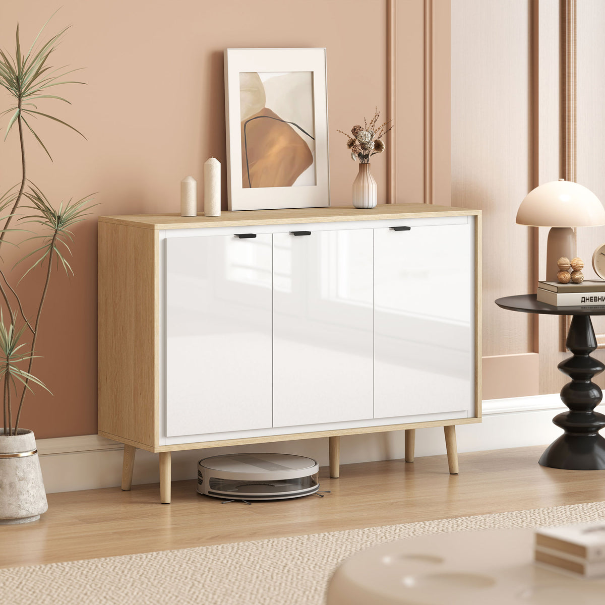 Buffet à haute brillance, meuble de rangement avec 3 portes, étagères réglables, 107 x 35 x 77 cm, blanc et chêne-9