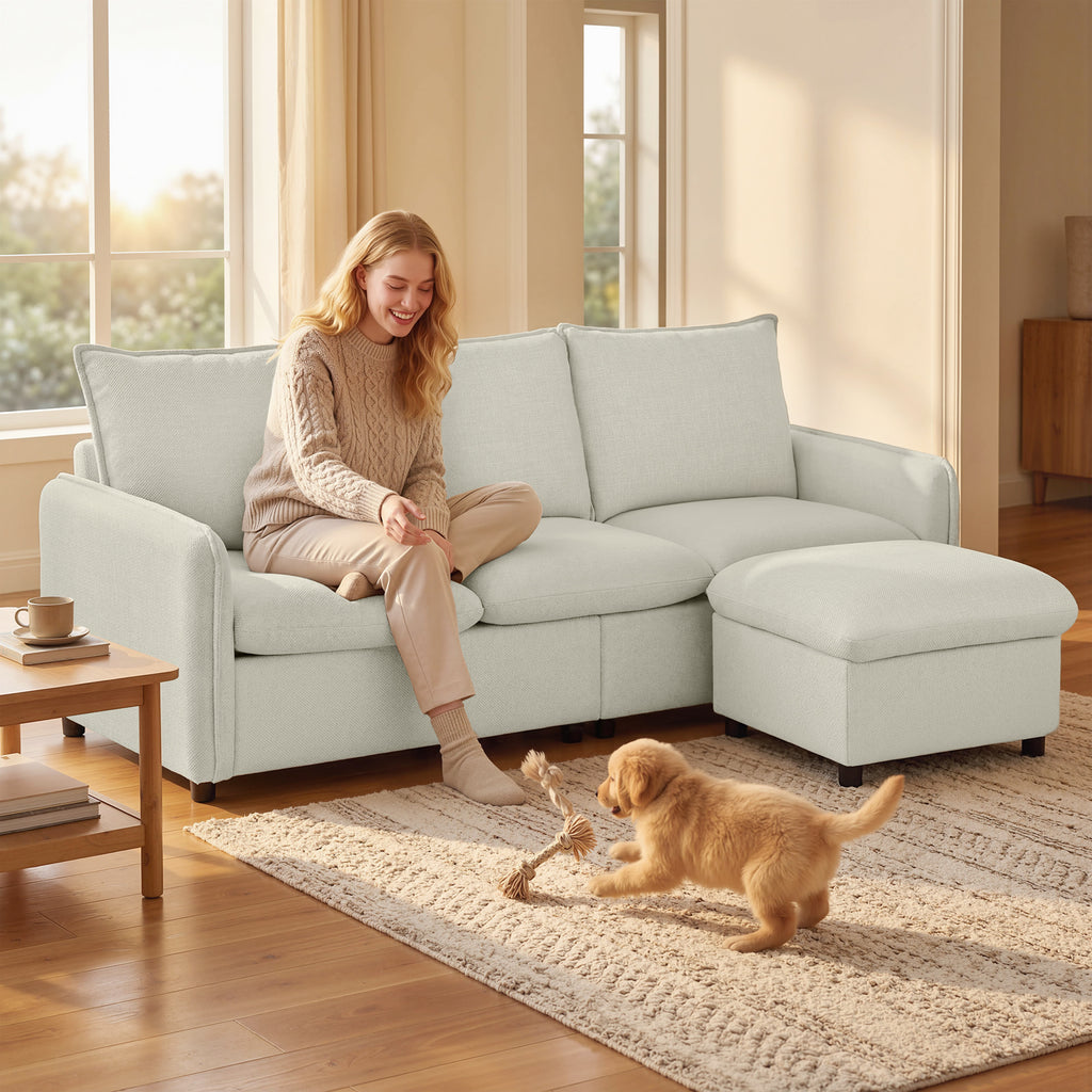 Canapé 3 places avec pouf de rangement, canapé d'angle modulable 212 cm, coussins à ressorts, tissu en lin, crème