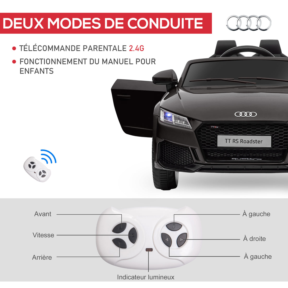 Voiture électrique enfant véhicule électrique enfant Audi TT RS 12 V 30 W V. Max. 3 Km/h télécommande 2,4G Effets sonores + Lumineux Noir