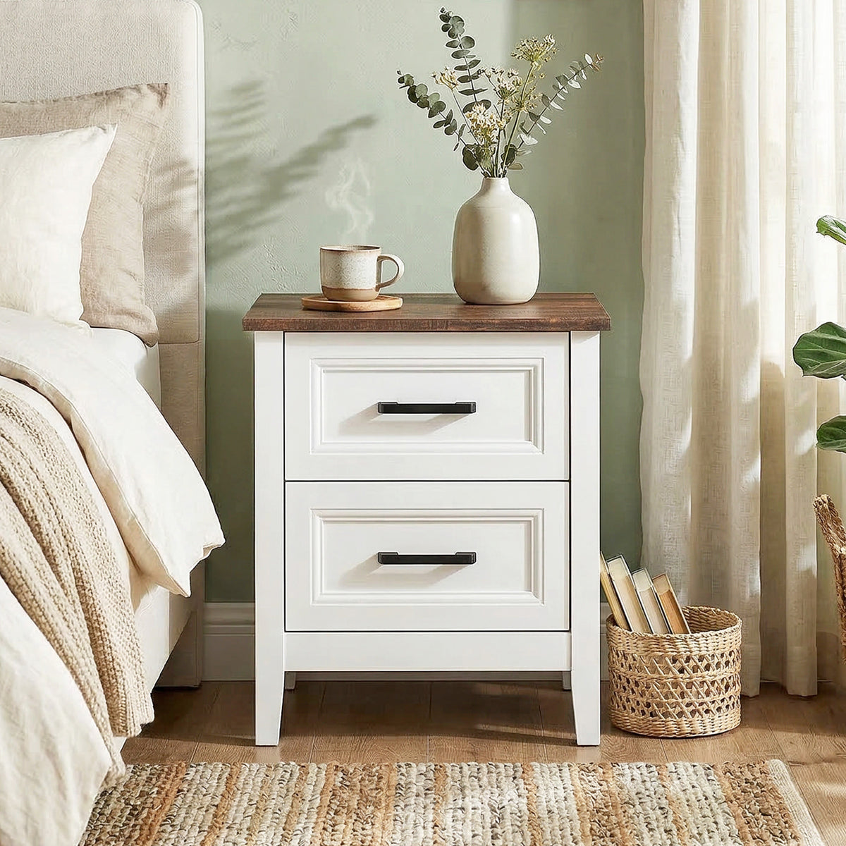 Table de chevet, table de nuit avec 2 tiroirs, plateau effet bois, style rustique, pour chambre à coucher, salon, blanc-8