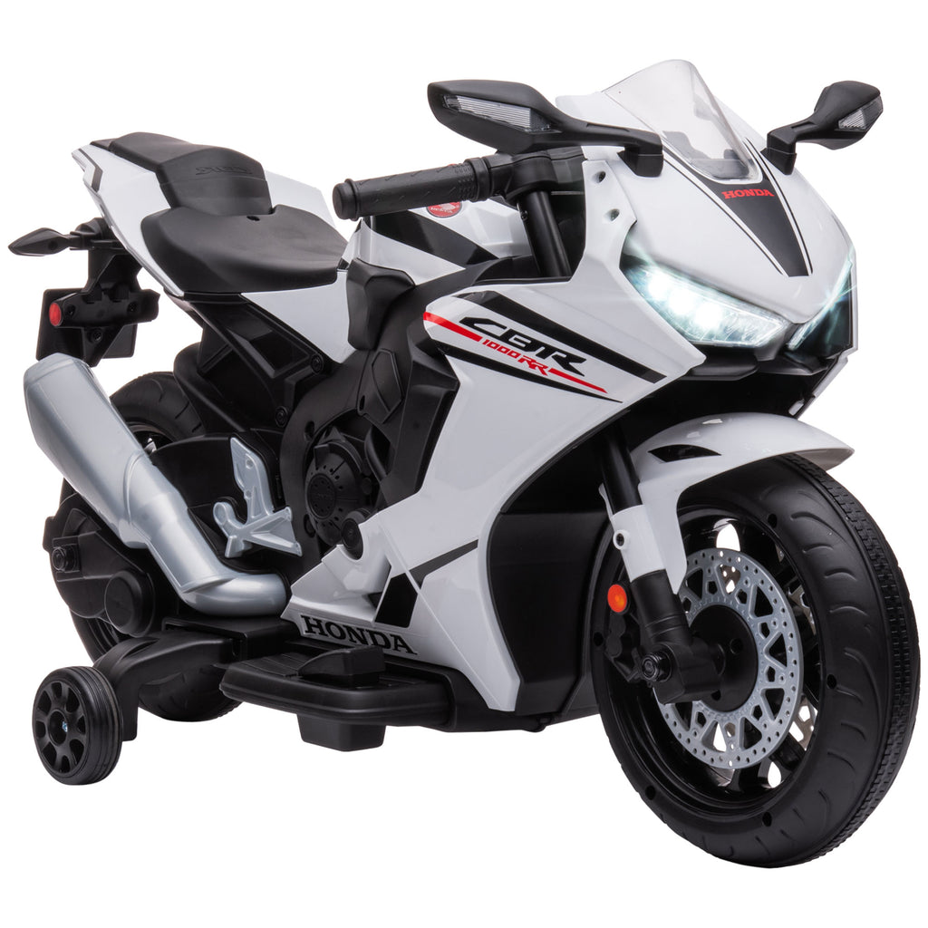 Moto Électrique Enfants sous Licence HONDA 6 V, 3 Km/h, Musique & Lumière, 2 Roues d'Entraînement, Blanc