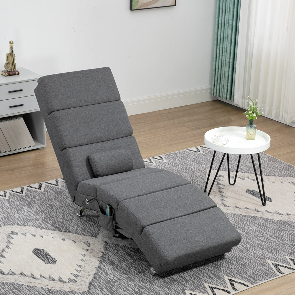 Fauteuil relax salon fauteuil de massage et chauffage meridienne avec télécommande et oreiller, tissu effet lin, gris