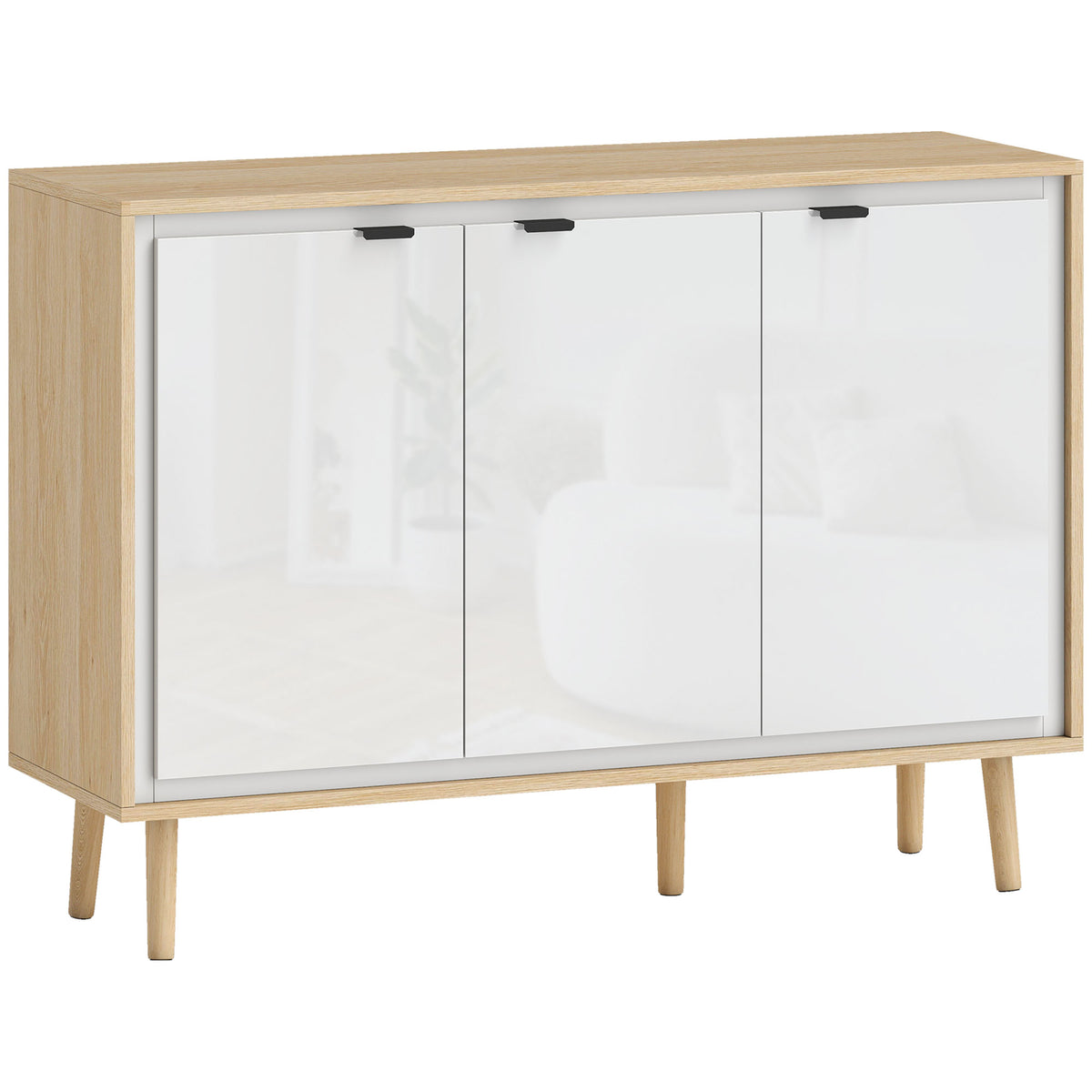Buffet à haute brillance, meuble de rangement avec 3 portes, étagères réglables, 107 x 35 x 77 cm, blanc et chêne-0