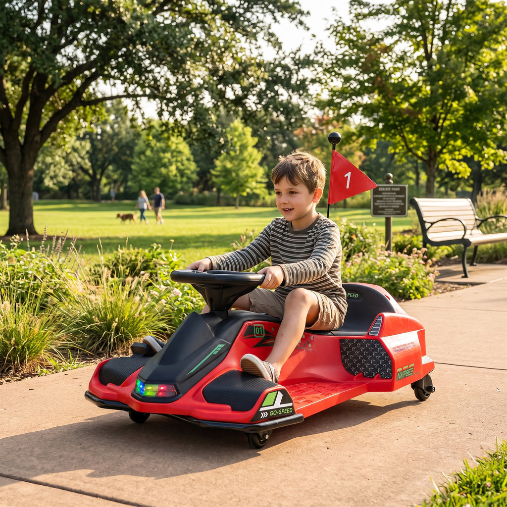 Kart électrique pour enfant 12V, karting enfant, vitesse réglable 3-8 km/h, mode de dérive, 90 x 53 x 99 cm, rouge