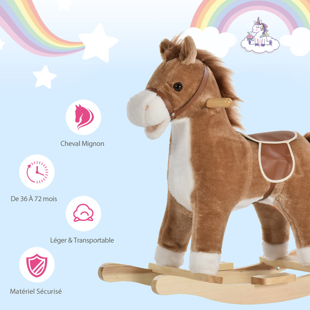 Cheval à Bascule Selle Grand Confort Peluche Courte Douce Bois peuplier Brun dim. 65L x 32,5l x 61H cm