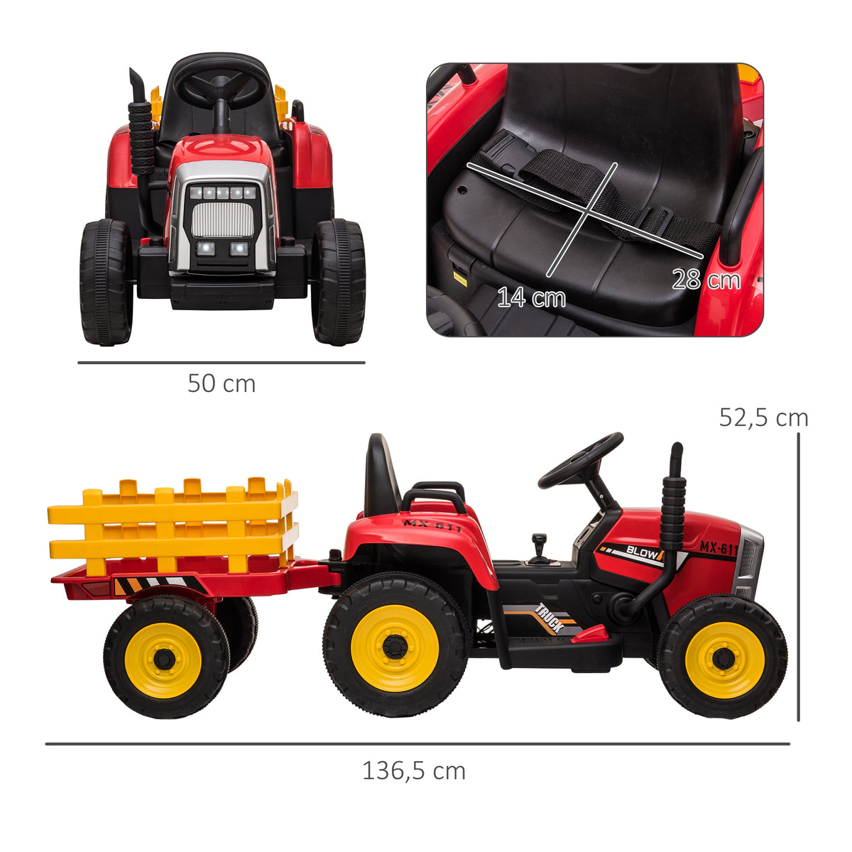 Gyermek traktor Piros 12 V-os elektromos – levehető utánfutóval és távirányítóval