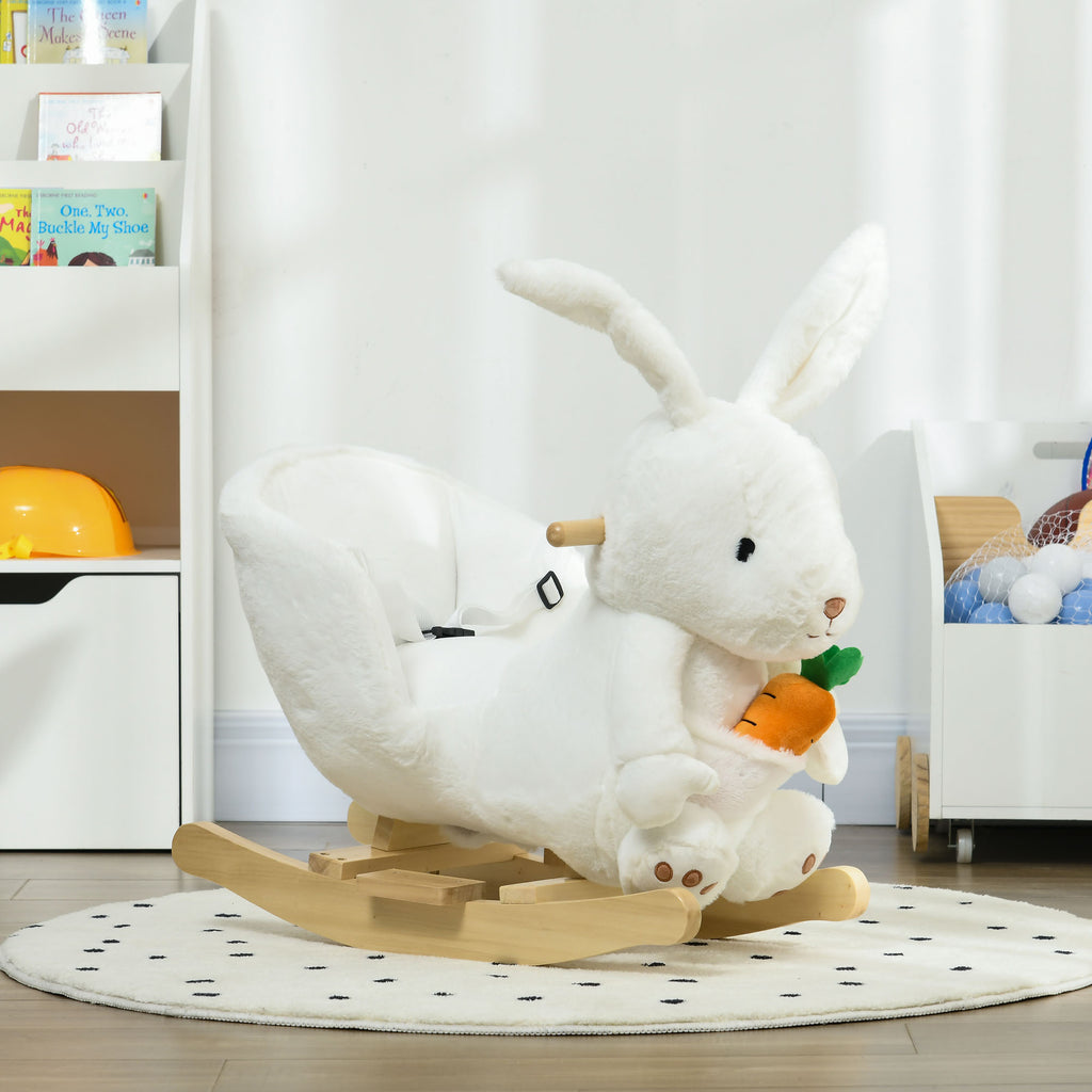 Jouet à bascule modèle lapin fonction musicale selle grand confort peluche courte douce bois peuplier 18-36 mois blanc