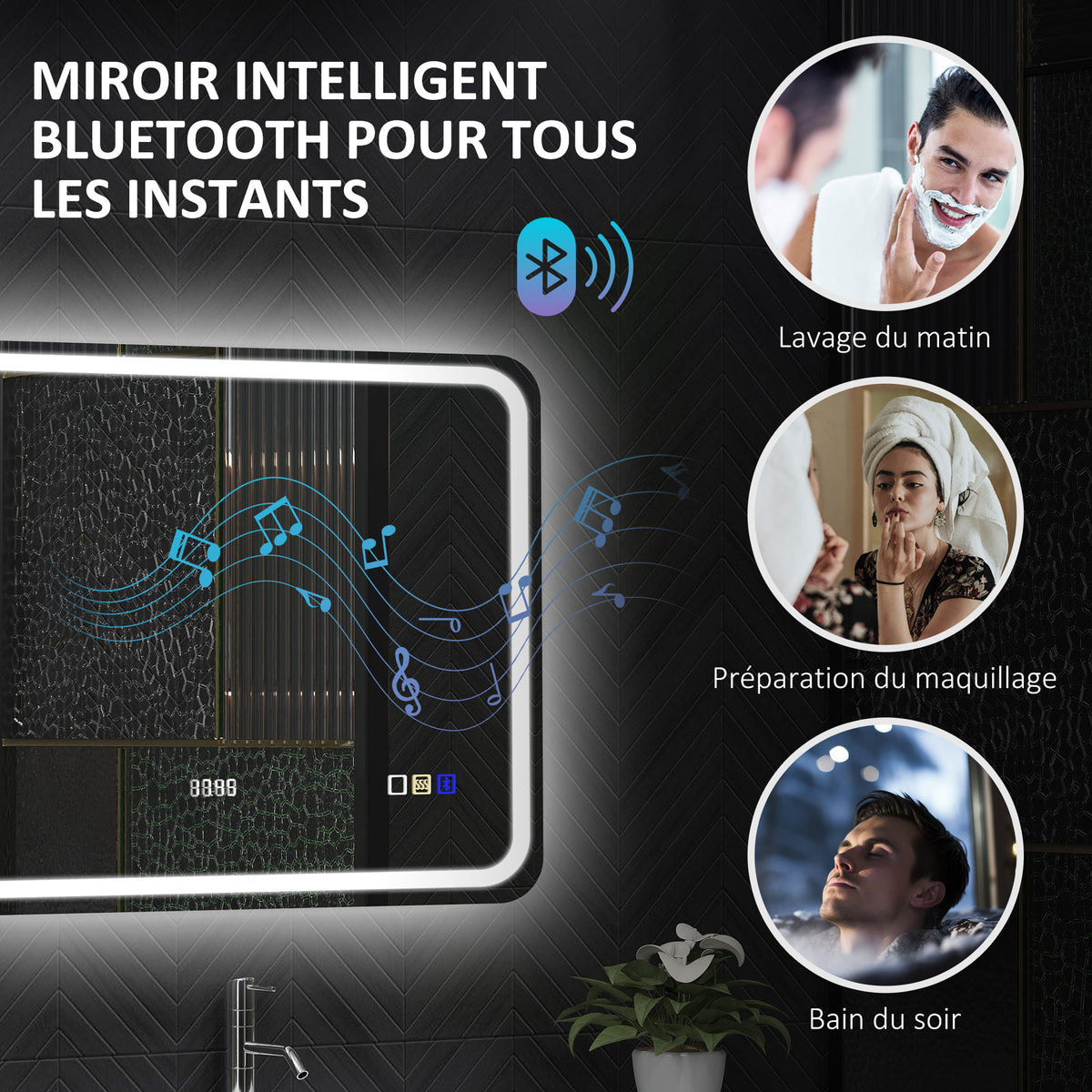 Miroir salle de bain Bluetooth avec éclairage LED 50 x 70 cm, miroir lumineux mural avec horloge, antibuée, argenté-4