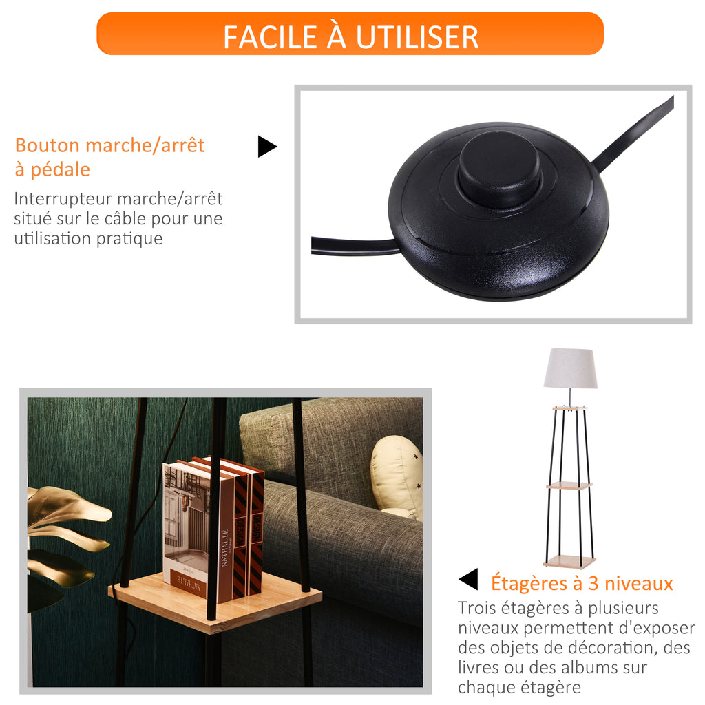 Lampadaire design contemporain dim. 40L x 40l x 160H cm 40 W max. 3 étagères intégrées bois massif pin métal noir lin beige-6