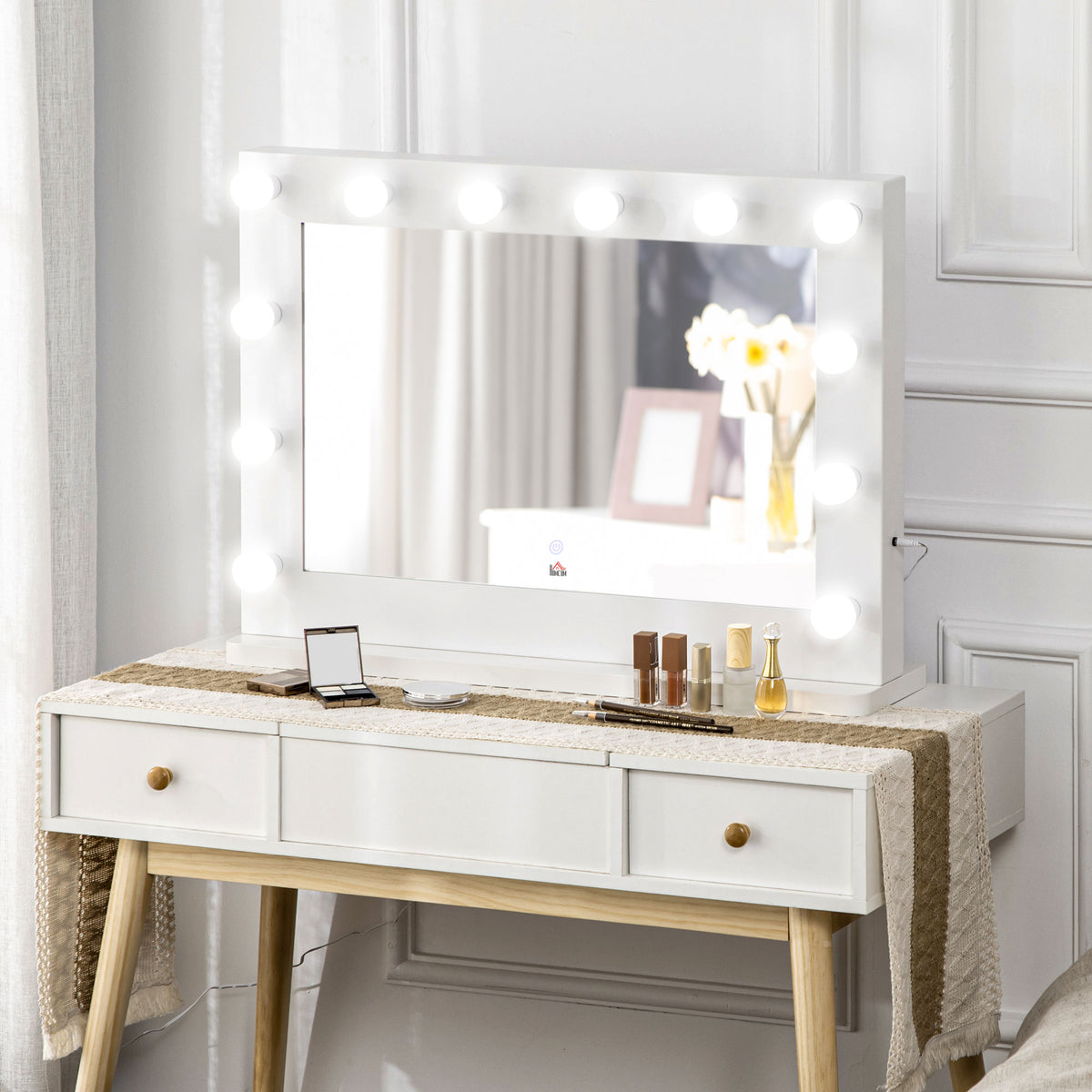 Miroir maquillage Hollywood lumineux 12 LED tactile - luminosité réglable, fonction mémoire - métal MDF blanc verre-5