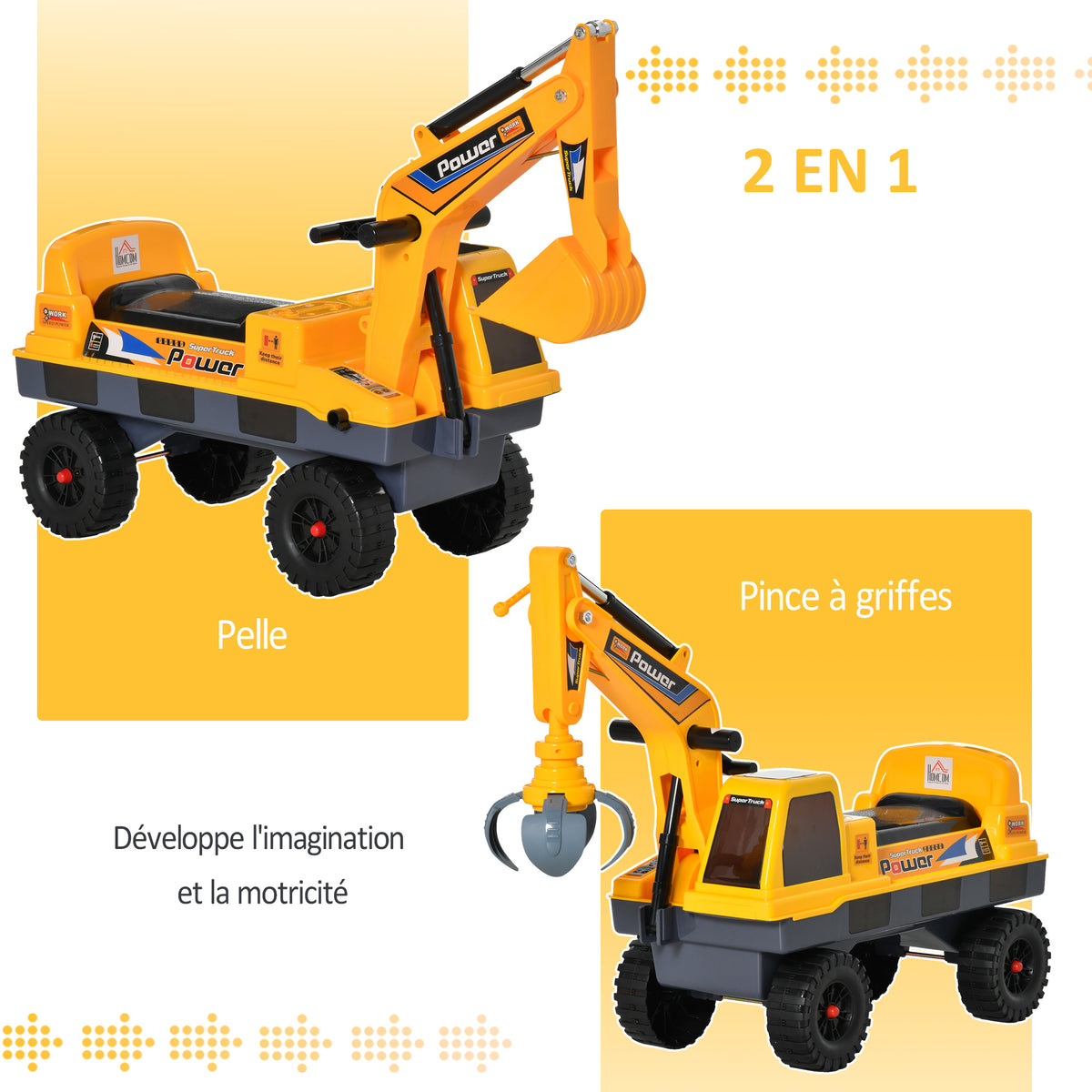 Porteur Enfant tractopelle 2-3 Ans Pelleteuse articulée avec Pince Incluse Effets sonores Lumineux PP Jaune