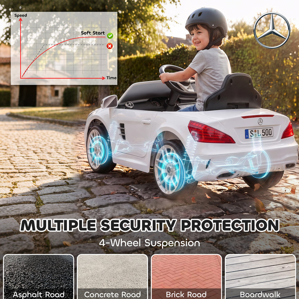 Voiture Électrique Enfants 12V Mercedes-Benz SL500, 3-5 km/h, 2 Moteurs, Télécommande 2,4G, pour 3-5 Ans, Blanc
