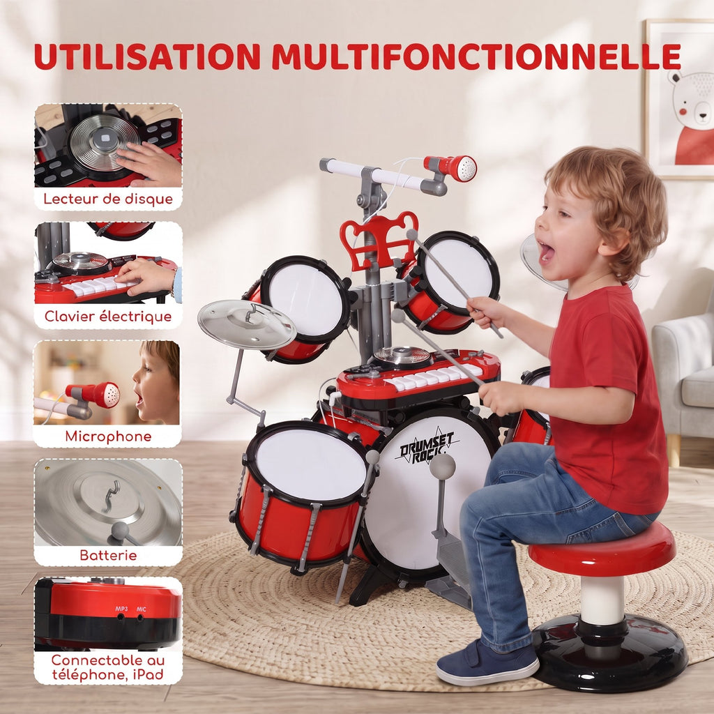 Kit de Batterie pour Enfants avec Tabouret, Clavier Électronique, Microphone, Connecté via USB, 77,5x40x76,5cm, Rouge