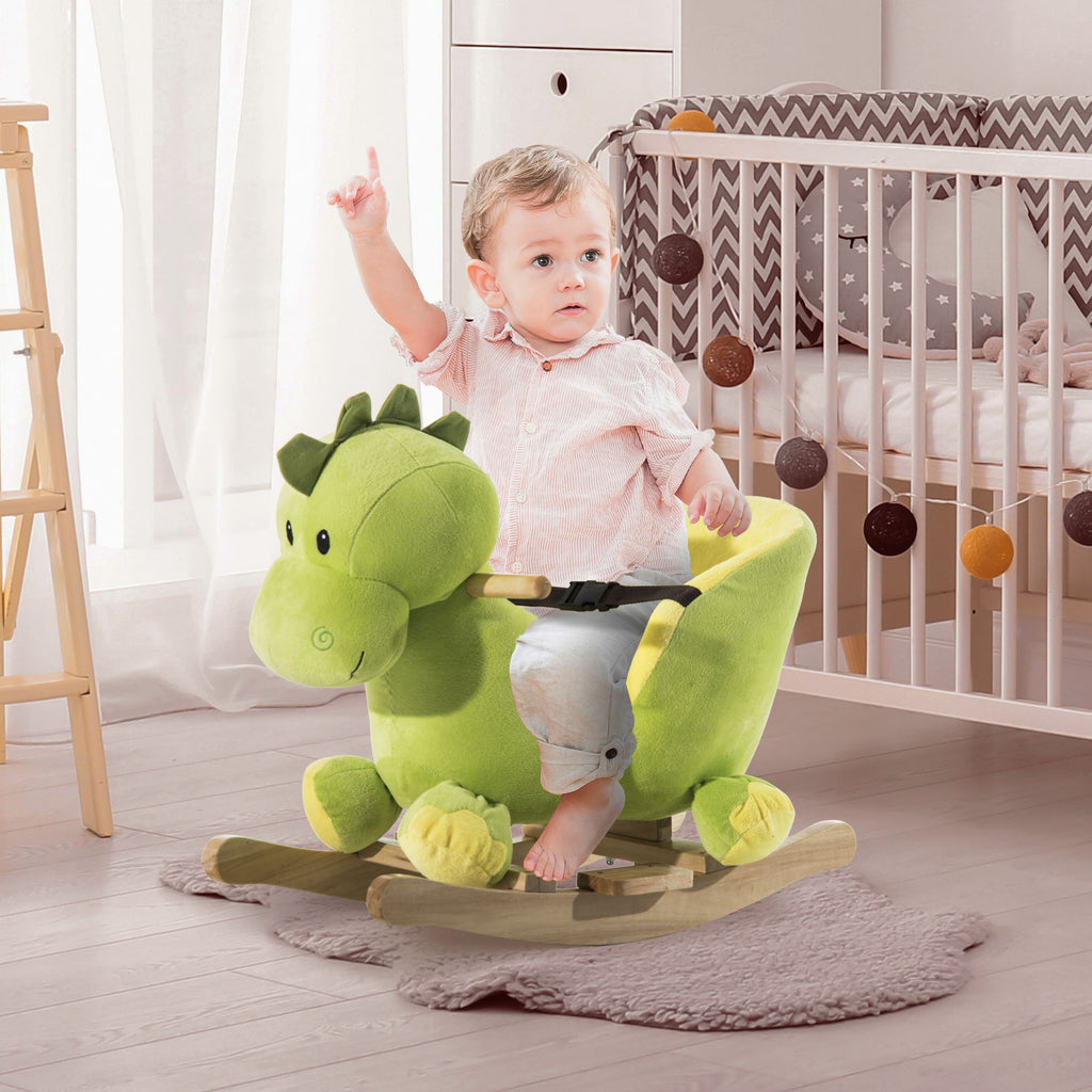 PawHut zenélő plüss dinoszaurusz hintajáték biztonsági övvel, zöld