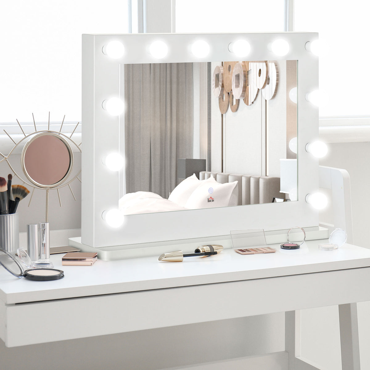 Miroir maquillage Hollywood lumineux 12 LED tactile - luminosité réglable, fonction mémoire - métal MDF blanc verre-0