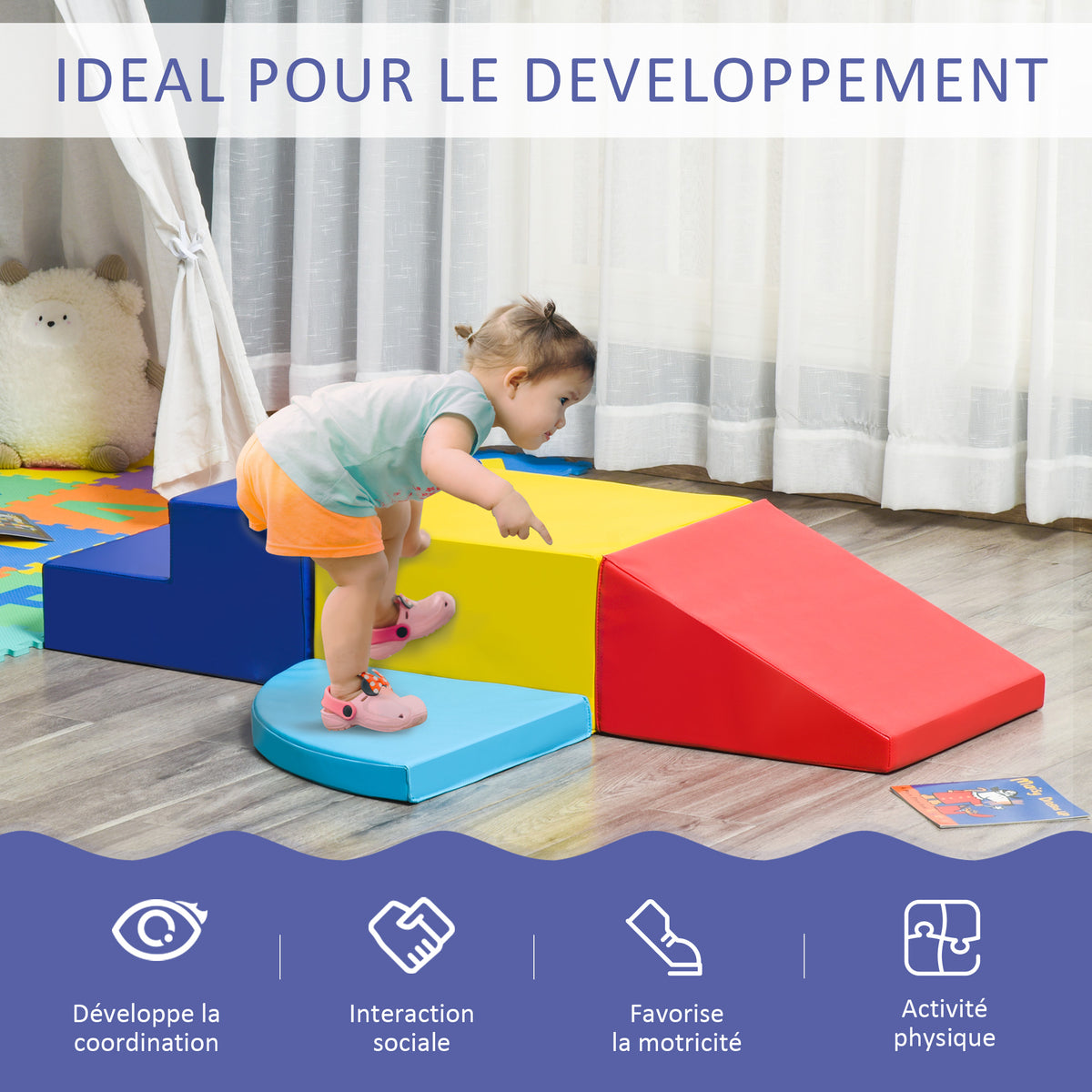 4 Blocs de construction XL - modules de motricité - jouets éducatifs - parcours motricité enfant mousse EPE polyuréthane, bleu, jaune, rouge