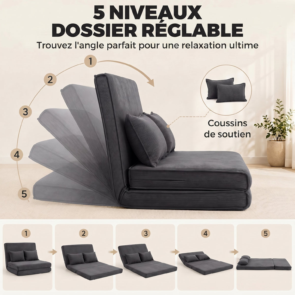 Canapé-Lit Pliant, Chauffeuse 2 Places Convertible Velours Côtelé, Dossier Réglable, Assise Large, 2 Oreillers, Gris-4