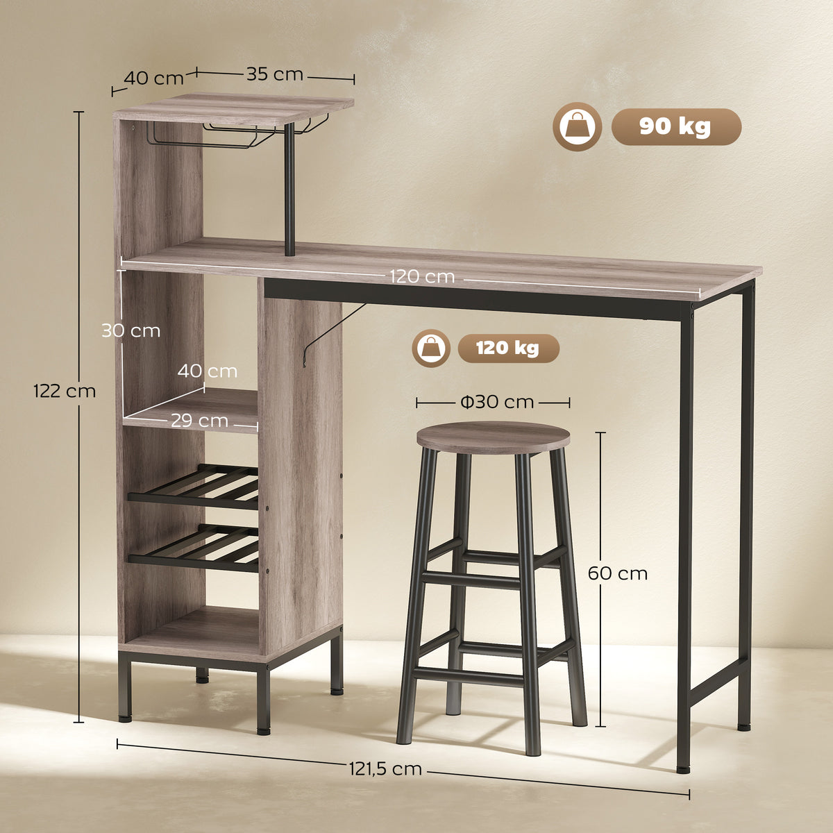Ensemble table de bar avec tabourets, table à manger debout avec 2 chaises de bar étagères, casiers à vin, gris-2