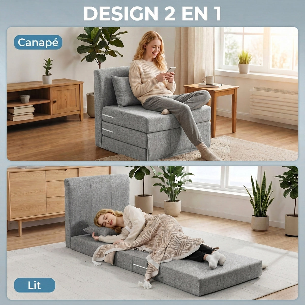 Fauteuil chauffeuse pliant 3 en 1 avec coussin, convertible, matelas dépliant pour invités, salon, bureau, gris-3