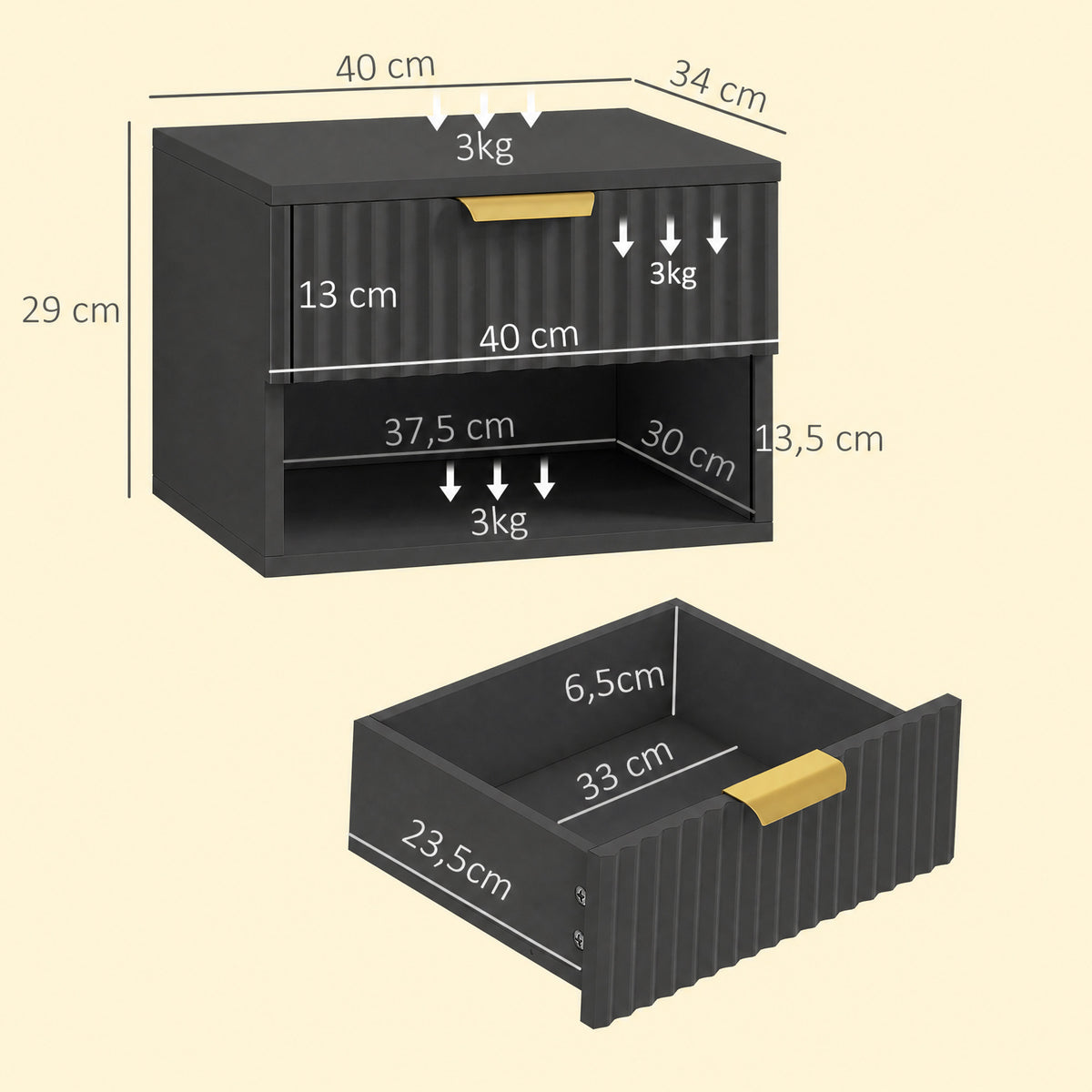 Lot de 2 tables de chevet suspendues, tables de nuit murales avec tiroir et niche, moderne, 40x34x29cm, noir-2