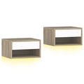 Lot de 2 tables de chevet suspendues avec éclairage LED RGB contrôle par application, étagère, tiroir, 37x32x21cm, teck-0