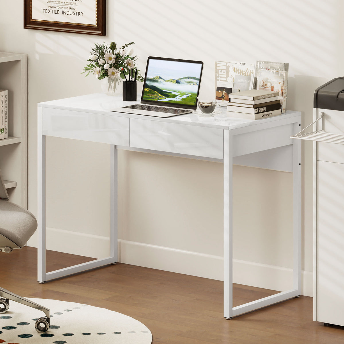 Bureau avec 2 tiroirs, table d'ordinateur 100 x 50 cm, bureau moderne pied en acier, pour petits espaces, blanc brillant-9