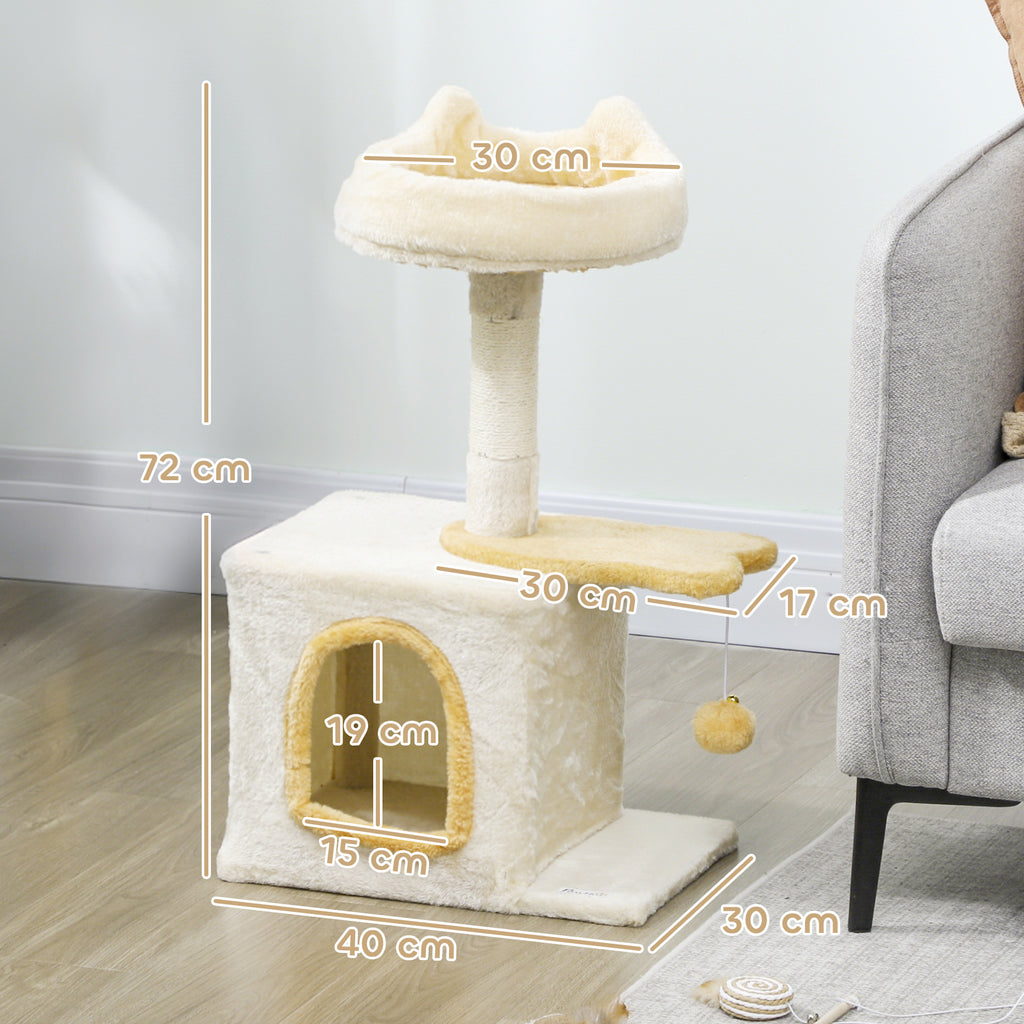 Arbre à Chat 72 cm, Perchoir Doux, Plateforme en Forme de Poisson, Niche en Peluche, Poteaux en Sisal, Balle, Beige-2