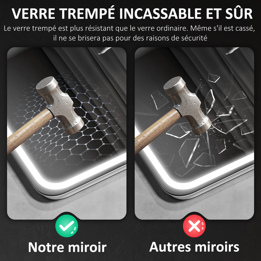 Miroir salle de bain Bluetooth avec éclairage LED 50 x 70 cm, miroir lumineux mural avec horloge, antibuée, argenté-7