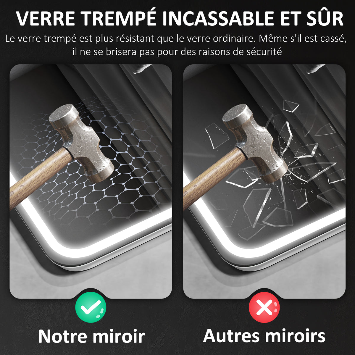 Miroir salle de bain Bluetooth avec éclairage LED 50 x 70 cm, miroir lumineux mural avec horloge, antibuée, argenté-7