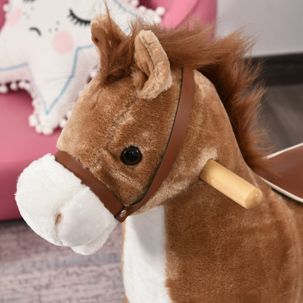 Cheval à Bascule Selle Grand Confort Peluche Courte Douce Bois peuplier Brun dim. 65L x 32,5l x 61H cm