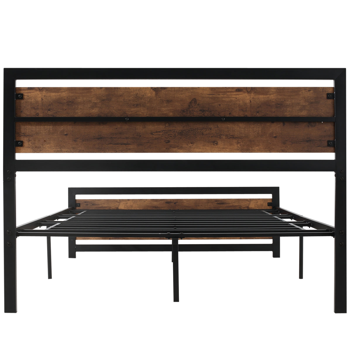 Cadre de lit double en acier avec sommier et tête de lit compatible matelas 190 x 140 cm aspect bois foncé-8