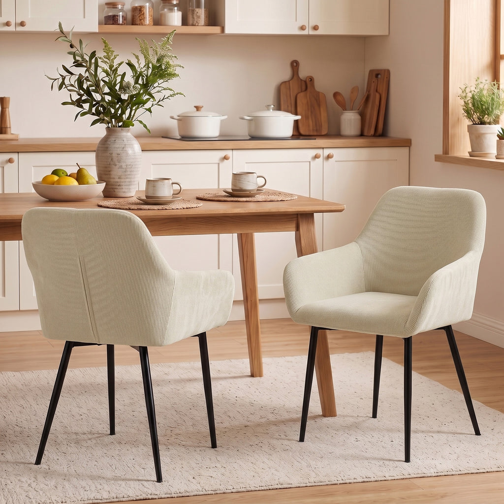 Lot de 2 chaises de salle à manger, chaises de cuisine rembourrées en velours côtelé avec accoudoirs et dossier, crème-1