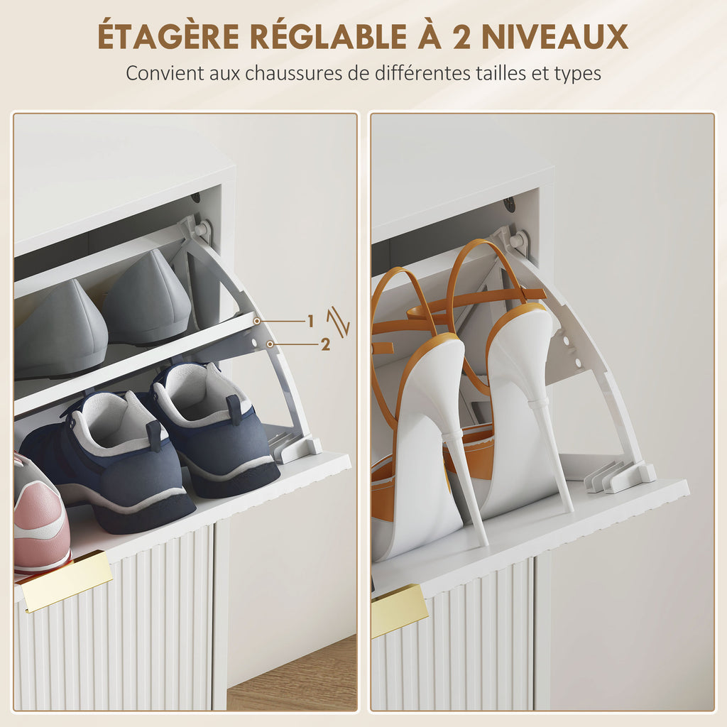 Meuble à chaussures 20 paires avec 4 tiroirs rabattables, portes cannelées et étagères réglables, 105x24x91,5cm, blanc-5