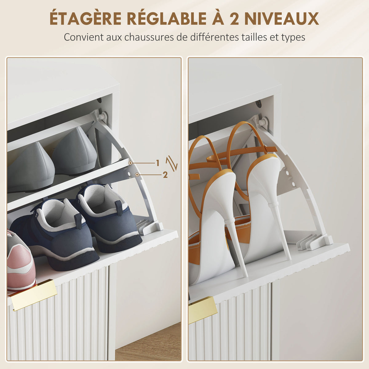 Meuble à chaussures 20 paires avec 4 tiroirs rabattables, portes cannelées et étagères réglables, 105x24x91,5cm, blanc-5