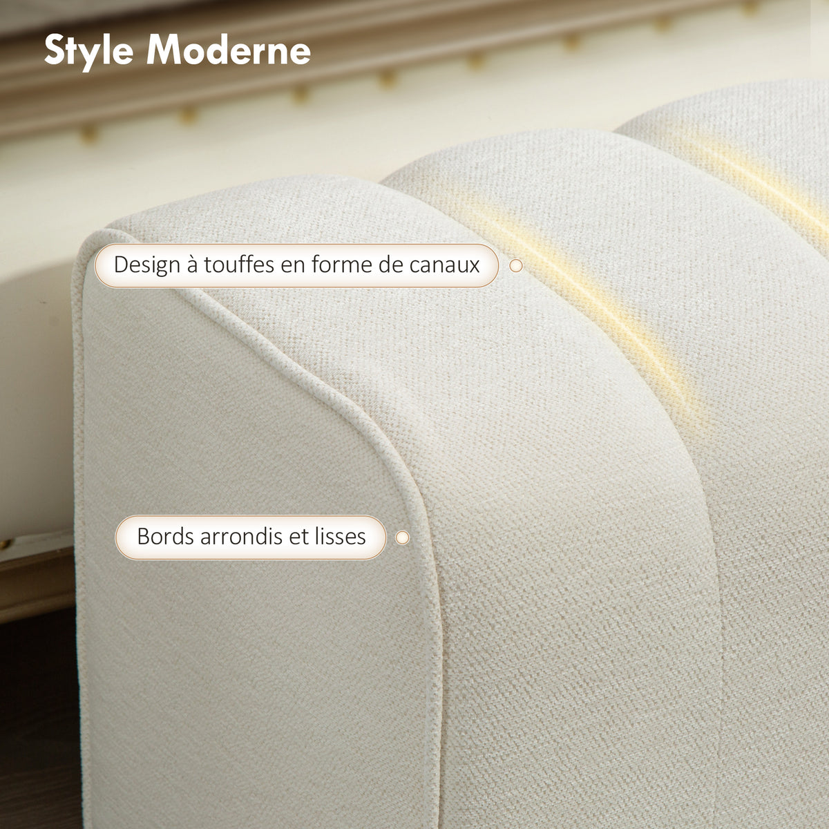 Banc bout de lit, banquette rembourrée, style moderne, ottoman en tissu aspect lin, 110 x 40 x 44 cm, crème-3