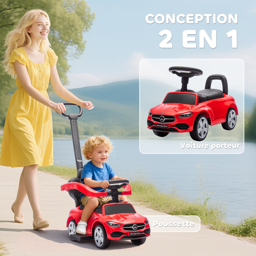 Porteur enfants Mercedes-Benz sous licence, porteur voiture à pousser avec poignée amovible, 91 x 40 x 83 cm, rouge