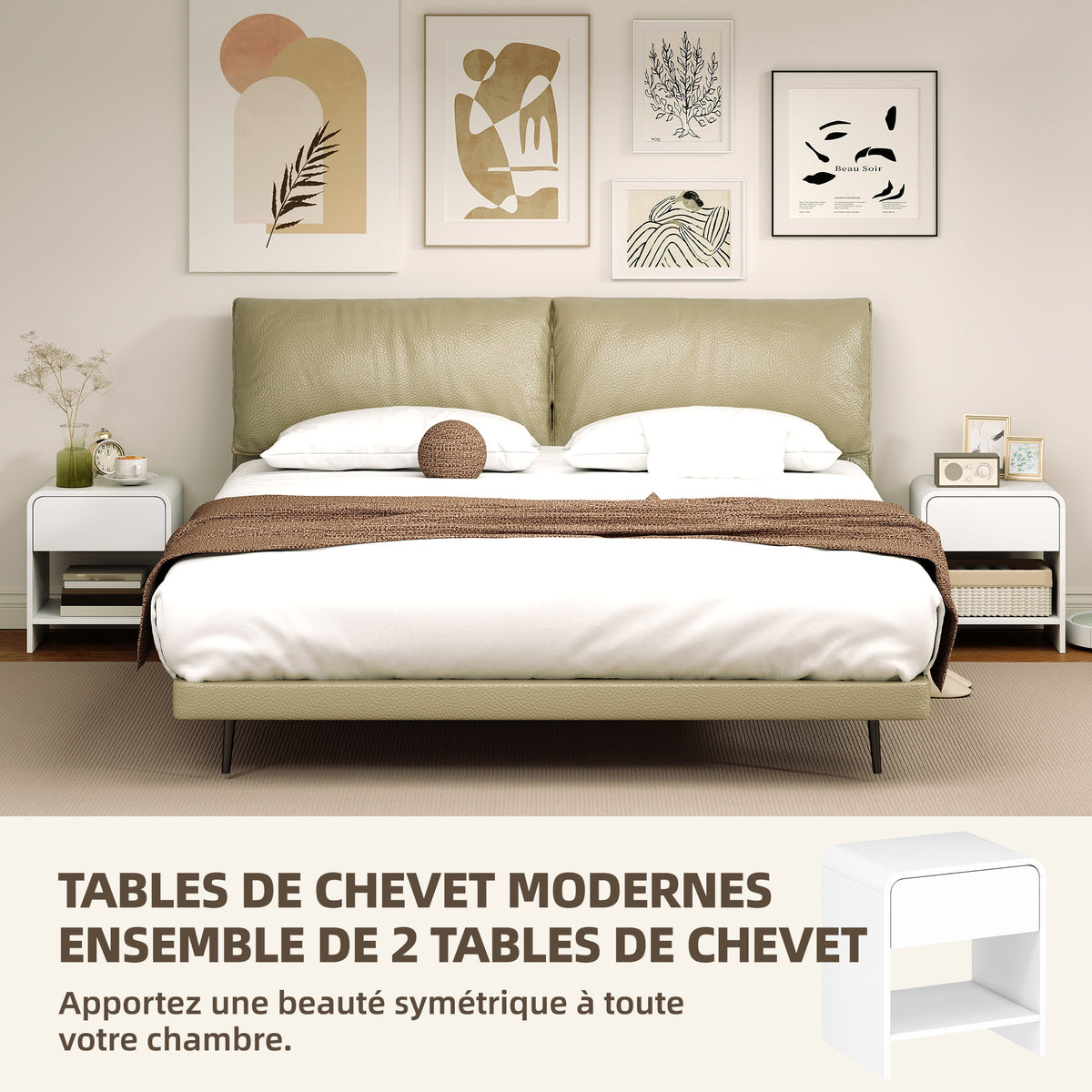 Lot de 2 tables de chevet, table d'appoint moderne avec compartiment ouvert et tiroir, 40 x 35 x 45 cm, blanc-3