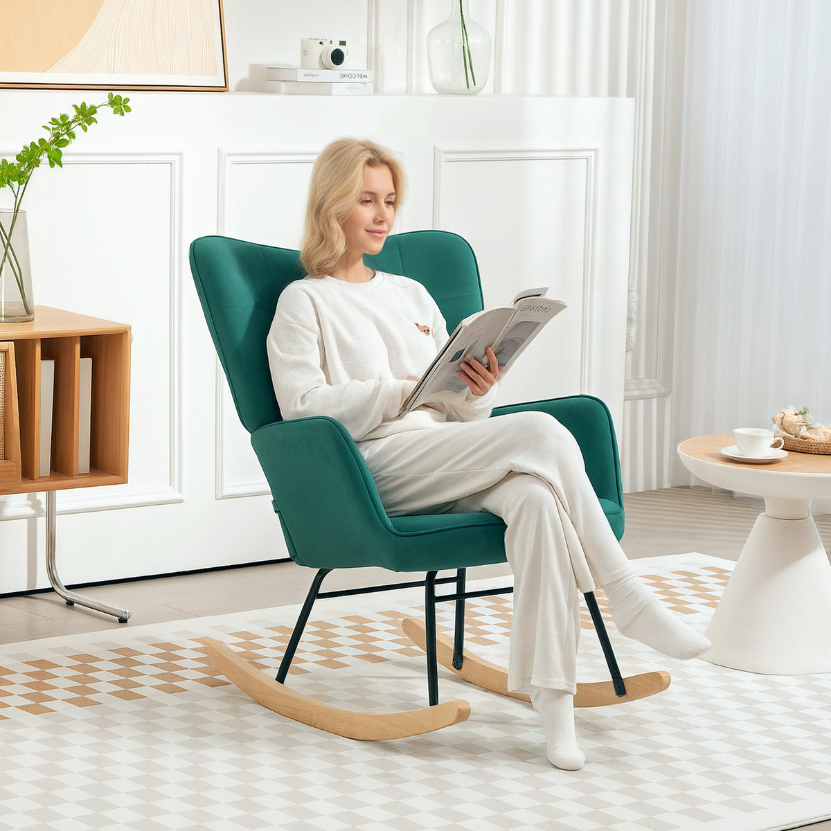Fauteuil à bascule rocking chair revêtement en velous structure en acier 71 x 98 x 101 cm Vert-1
