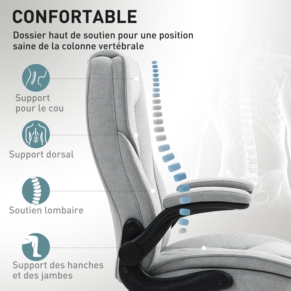 Fauteuil de bureau, chaise bureau ergonomique, hauteur réglable, accoudoirs relevables, 70 x 70 x 114-122 cm, gris-3