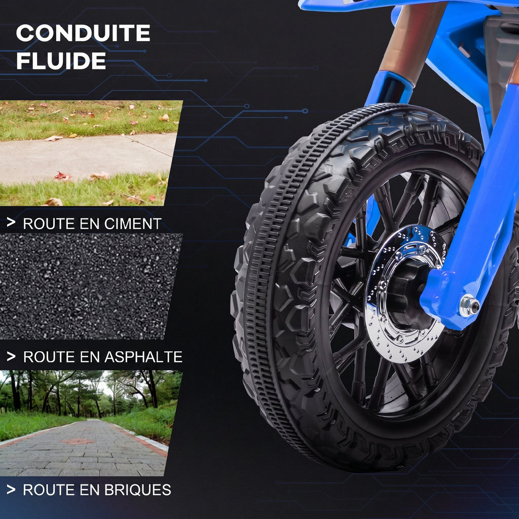 Moto cross électrique pour enfants 3-8 ans, batterie 6 V, 2 moteurs, klaxon et roues d'entraînement, charge 30KG, bleu