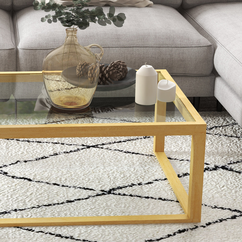 Table basse rectangulaire table de salon avec plateau en verre trempé cadre en bois d'hévéa dim. 100L x 60l x 35H cm-8
